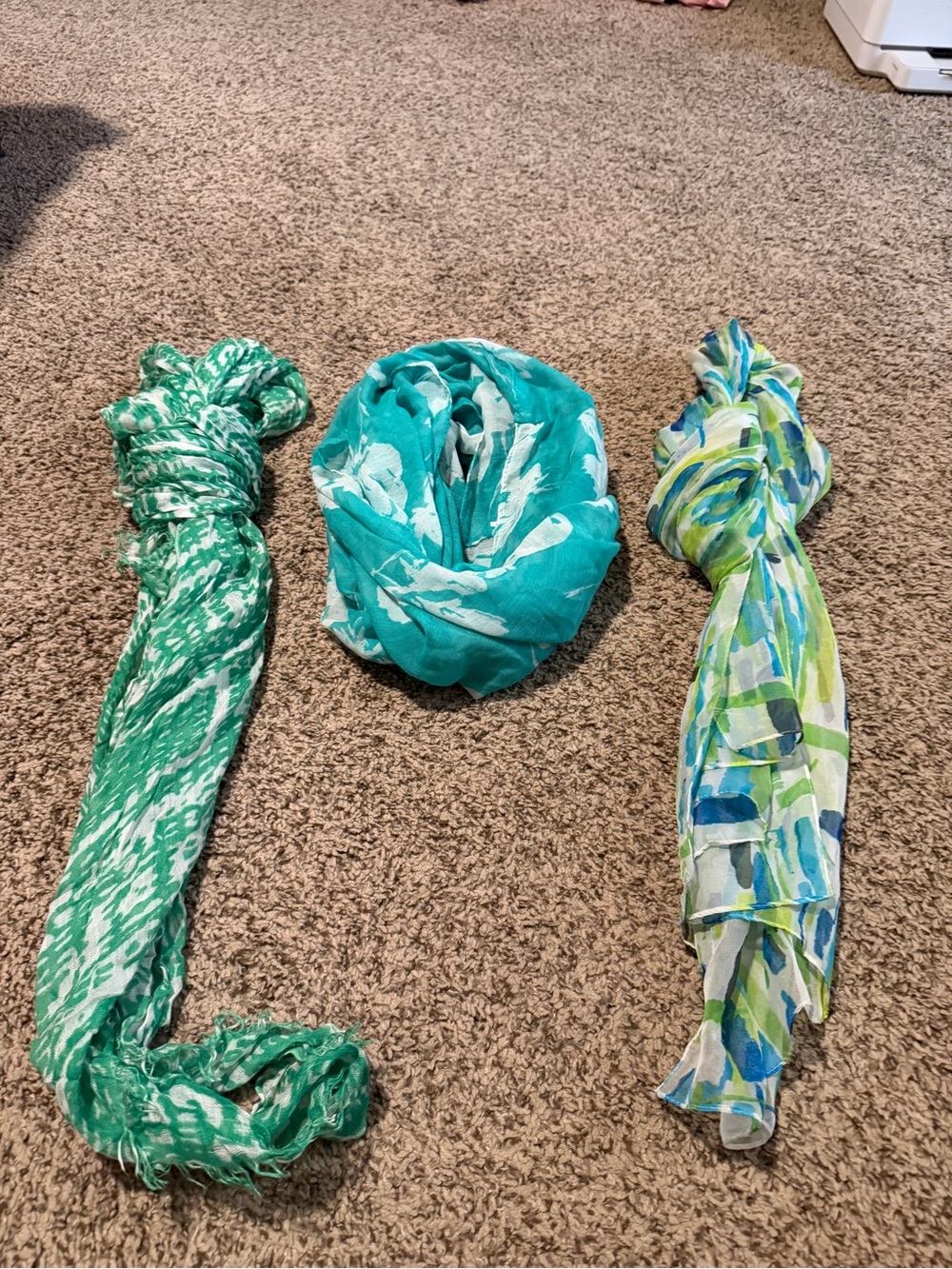 Set of Three Lightweight Patterned Scarves in Teal & Green